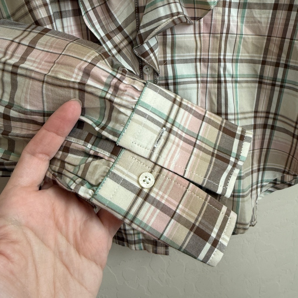 Ralph Lauren Ruffle Collared Button Down Beige Pink Plaid Blouse Petite - Picture 6 of 8